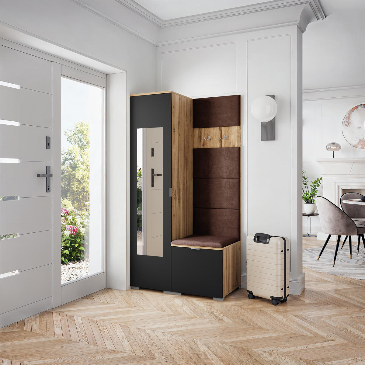 GARDEROBENSCHRANK VIRA 95/181/51 cm Modern Garderobe-Set Eiche Wotan - Eiche Wotan/Schwarz, Holzwerkstoff (95/181/51cm) - MASSENO