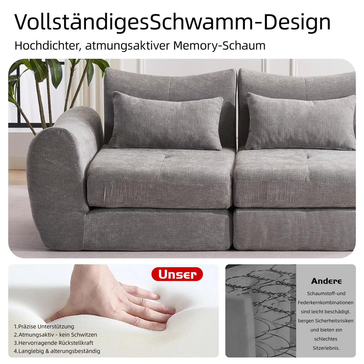 SCHLAFSOFA 3-Sitzer, Chenille Sofa mit Kompressionsdesign, Grau - Grau, Textil (262/78/97cm) - Kaket
