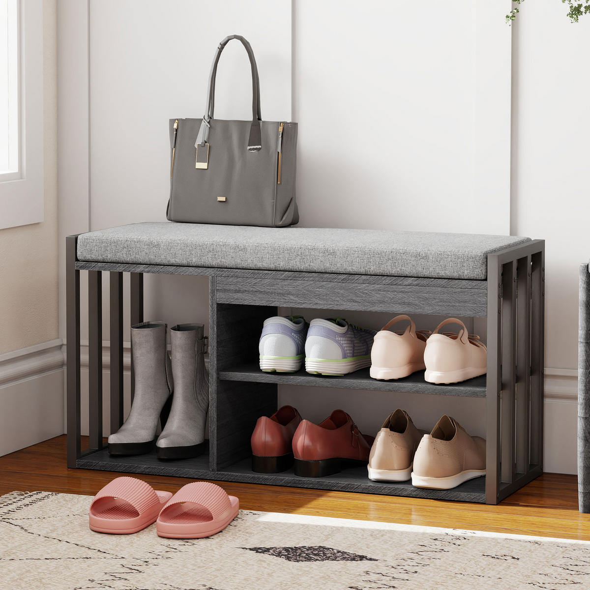 SCHUHBANK Schuhregal mit Sitzfläche gepolstert Sitzbank mit Stauraum, 3 Fächer - Grau, Holzwerkstoff/Textil (30/45.4/86cm) - HOMCOM