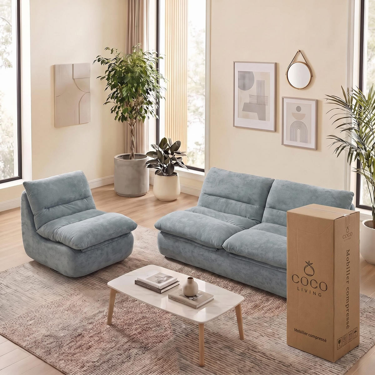 SITZGARNITUR Nuvia Sofa und Sessel Salbei und Salbei - Salbeigrün, Textil (160/73/100cm) - COCO Living