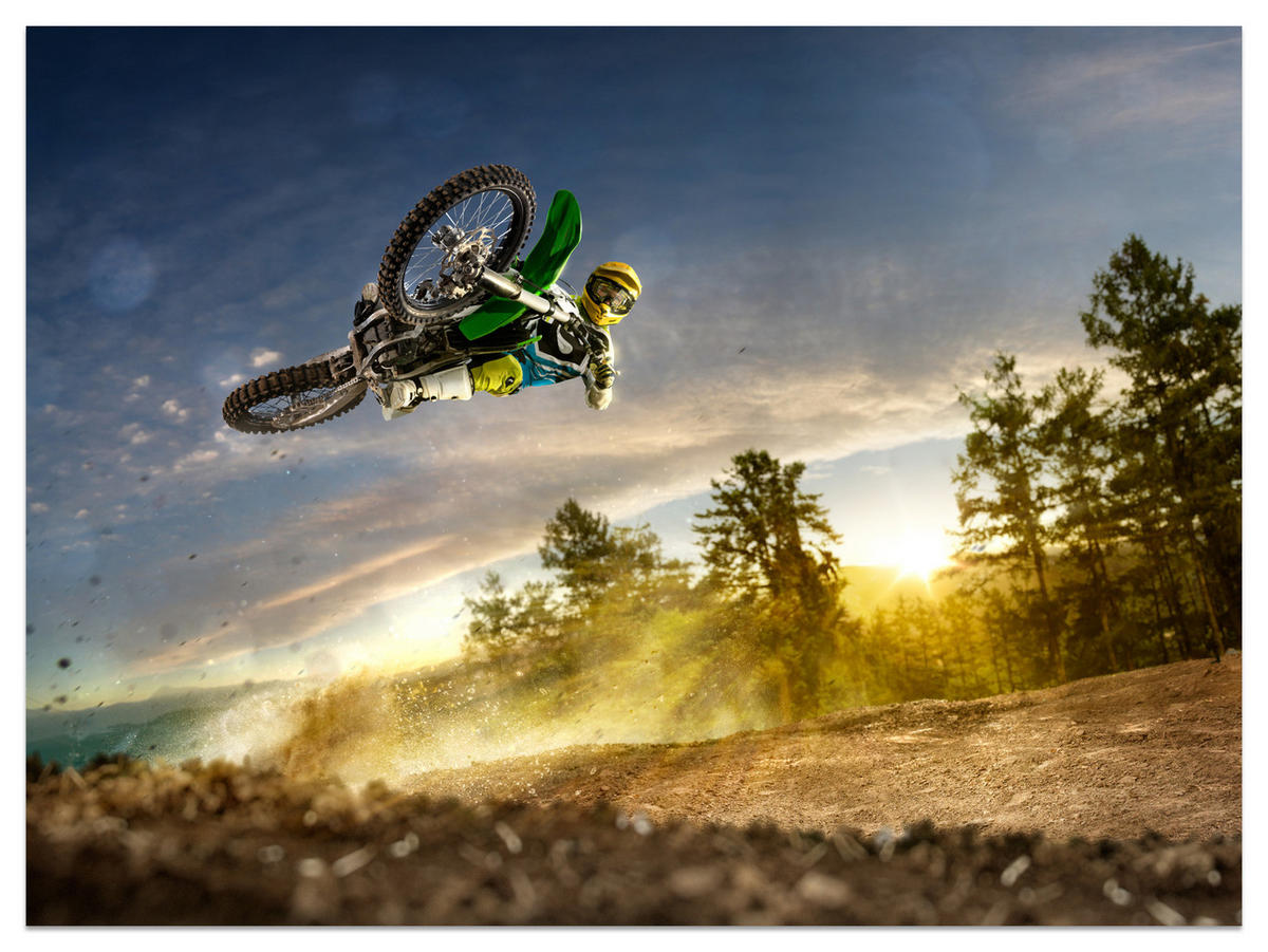 FOTOTAPETE für Jugendzimmer Motocross Sprung Berge Bäume 500x350 - Gelb/Beige, Papier (500/350cm) - Muralo