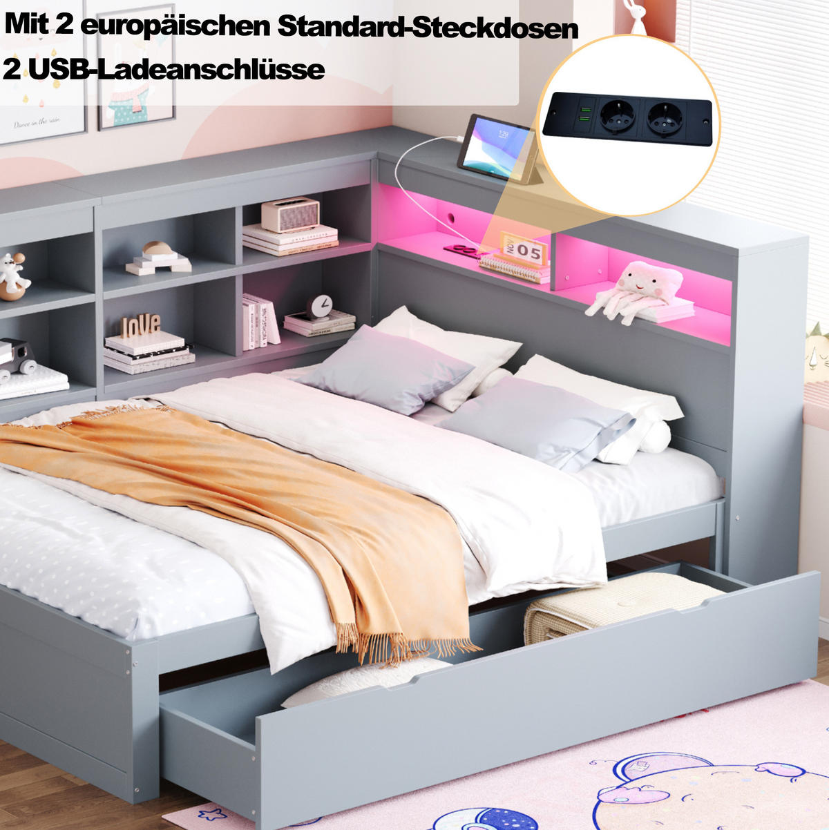 RAHMENBETT mit LED-Beleuchtung 140/200 cm aus Massivholz mit Stauraum - Grau, Holz - BEAOK