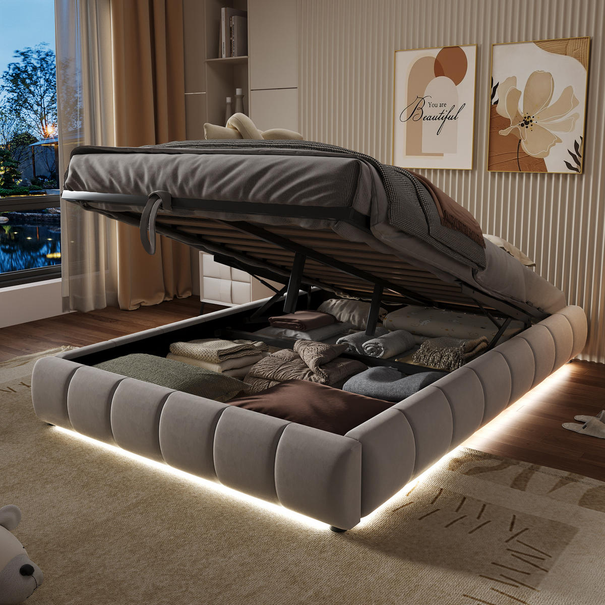 POLSTERBETT 140/200 cm in Beige mit Stauraum und LED-Beleuchtung - Beige, Textil (140/200cm) - Flora Grace