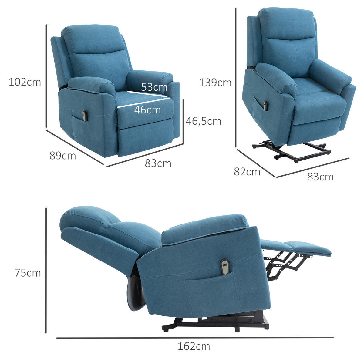 FERNSEHSESSEL mit Aufstehhilfe, Blau - Blau/Schwarz, Textil/Metall (89/102/83cm) - HOMCOM