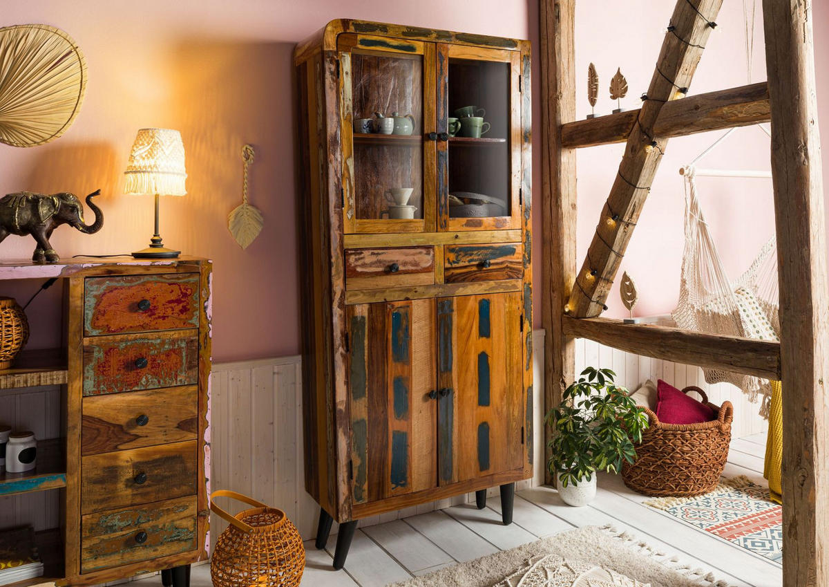 VITRINE Altholz 90x35x200 mehrfarbig lackiert SIXTIES #113 - Multicolor, Holzwerkstoff (90/200/35cm) - Massivmoebel24