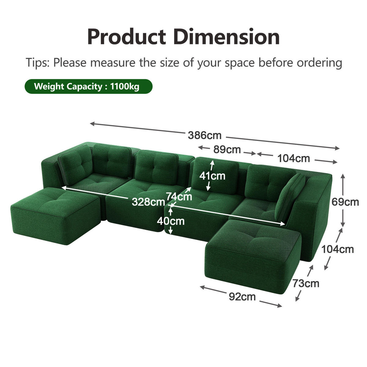 ECKSOFA 386/177/69 cm modular grün aus Cord ohne Aufbau und rutschfest - Grün, Textil (177/386cm) - OKWISH