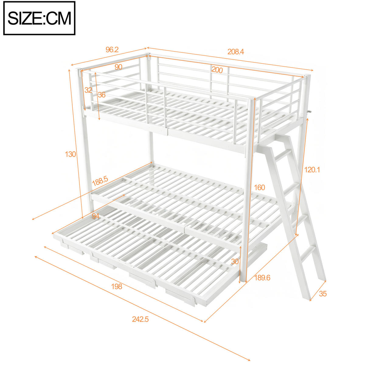 ETAGENBETT aus Metall und Holz 90x200 cm Weiß mit ausziehbarem Unterbett - Weiß, Metall (90/200cm) - Modfu