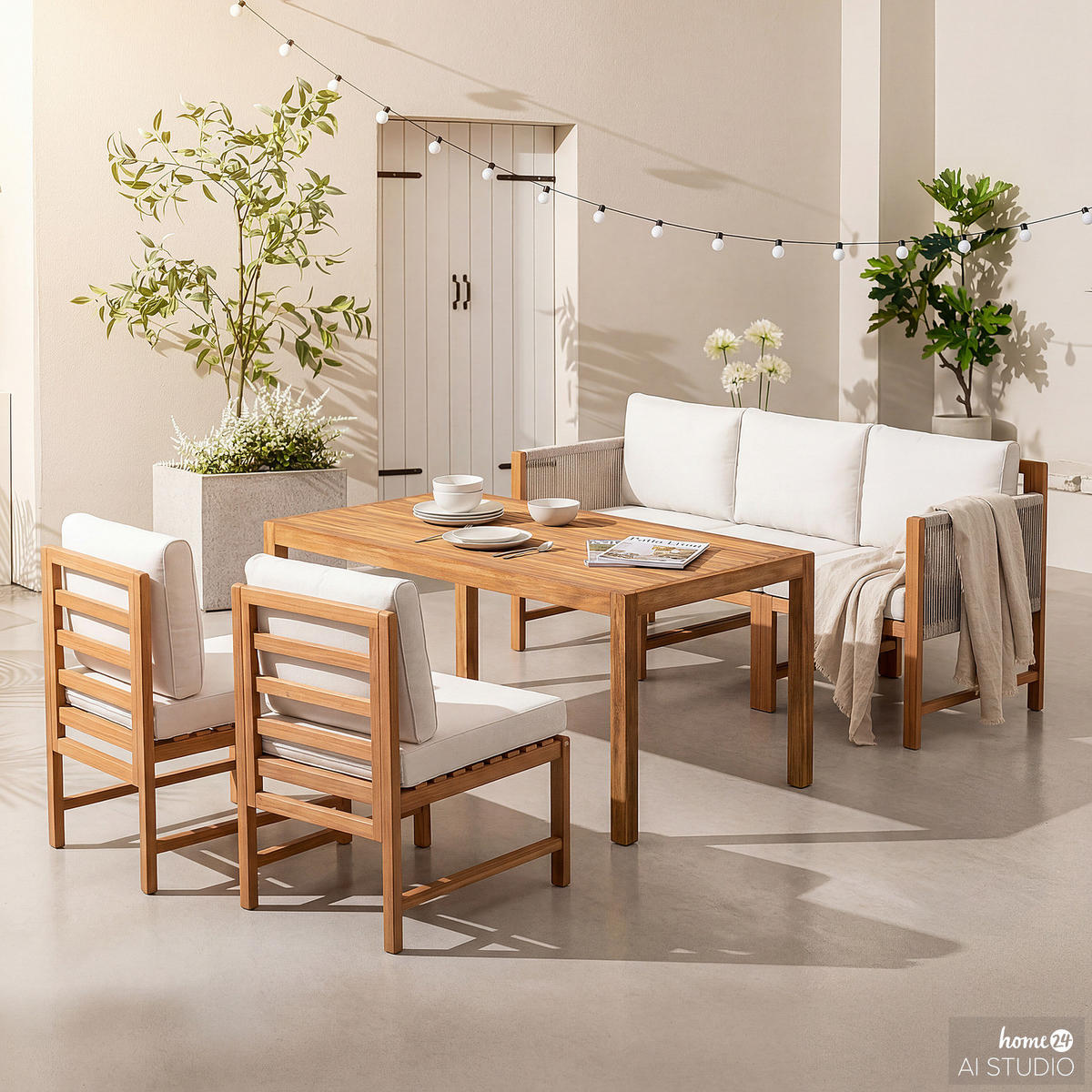 DINING-LOUNGESET - 6-teilig - Akazie massiv / Polyester - Braun / Beige - Beige/Braun, Holz/Textil - home24
