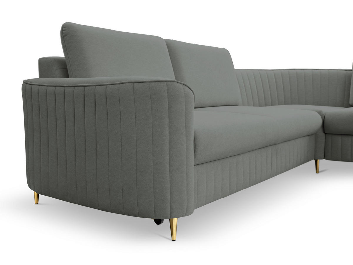 ECKSOFA VELA L-S Grau Velours-Stoff mit Schlaffunktion - Grau, Holz (251/251cm) - MASSENO
