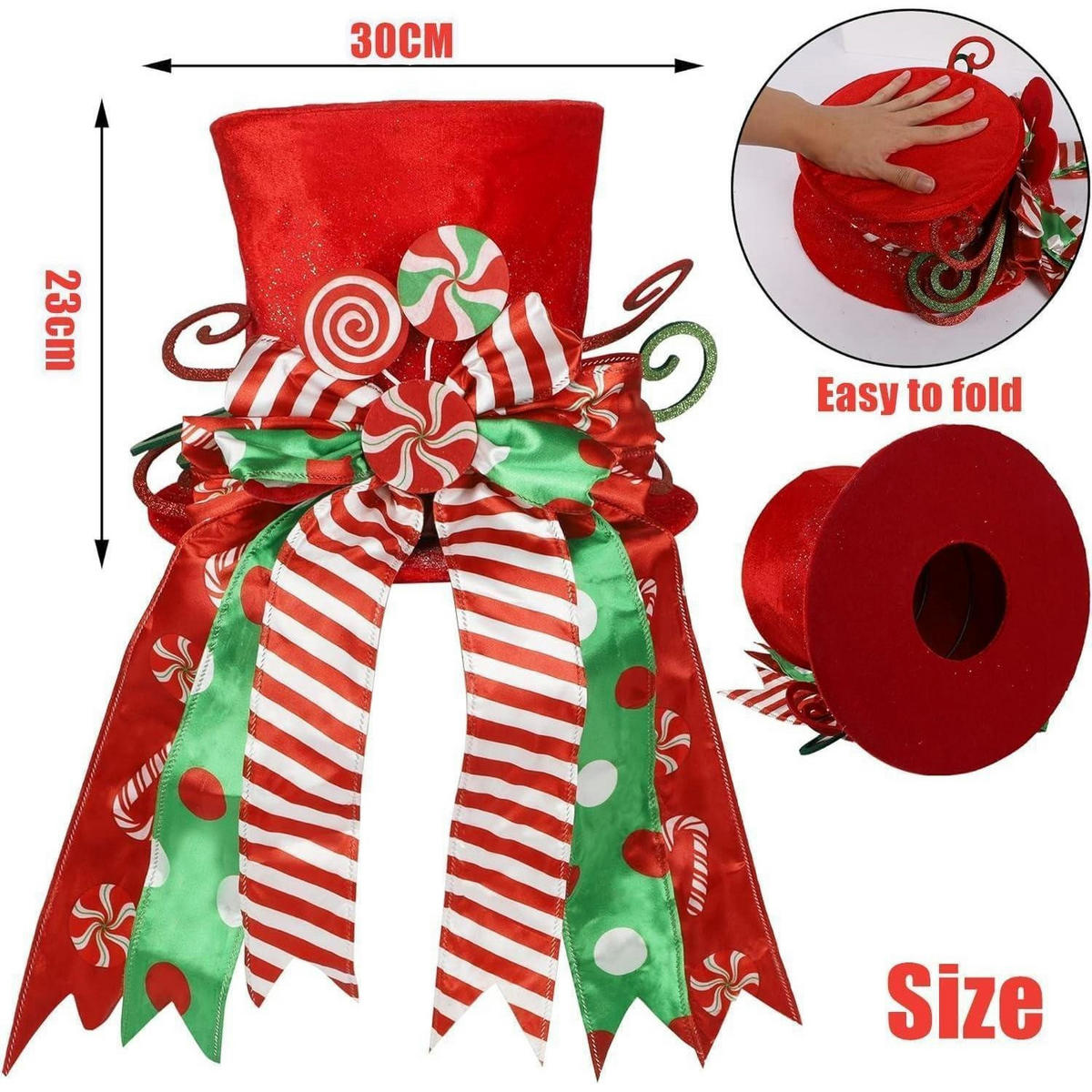 WEIHNACHTSBAUMSPITZE 30 cm Rot mit Schleifenband und Lutscher - Multicolor, Textil (15cm)