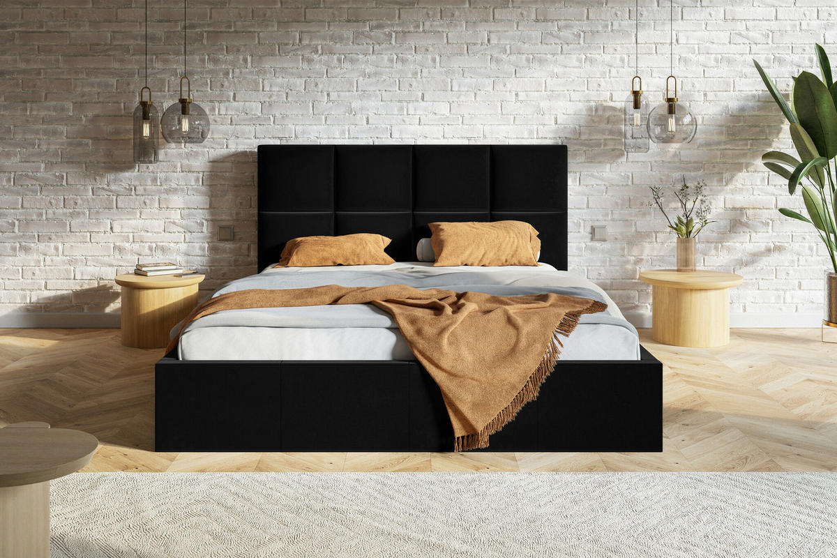 DOPPELBETT 140x200 mit Lattenrost Fado, Bettkasten, Samtstoff, Schwarz - Schwarz, Holz/Textil (140/200cm) - Emporius