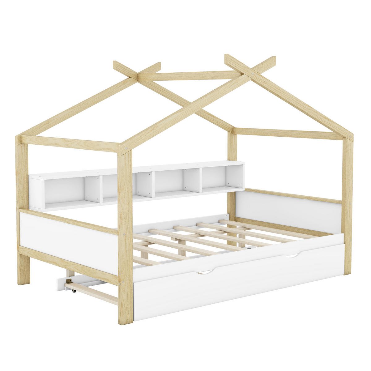 HAUSBETT 140/200 cm DE-04750, mit Ausziehbett und vier Staufächern in Weiß - Weiß/Naturfarben, Holz/Holzwerkstoff (140/200cm) - ComfortXL