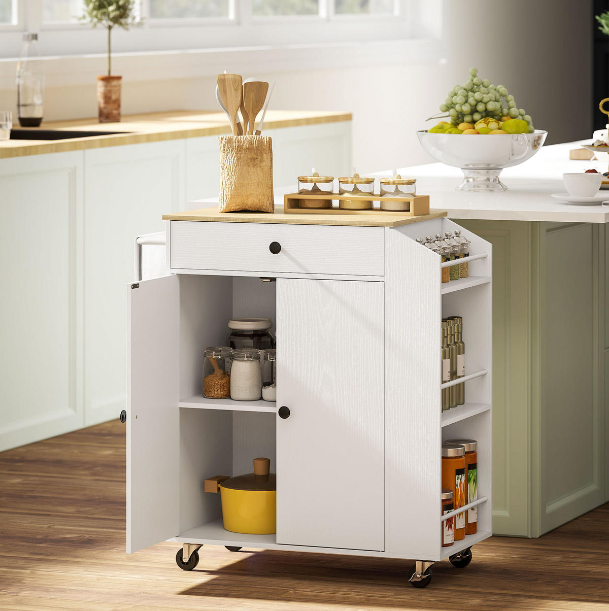 KÜCHENWAGEN in Weiß mit Gewürzregalen, Schrank und Rollen,86.5/38/82 cm - Weiß, Holzwerkstoff (82/86.5/38cm) - Flora Grace