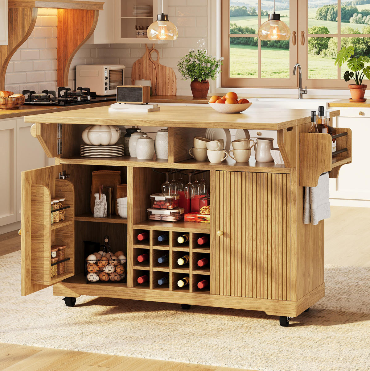 SERVIERWAGEN mit ausklappbaren Tischenden und Stauraum 142,5 cm Natural Wood - Naturfarben, Holz (80/95/142.5cm) - Beauniv