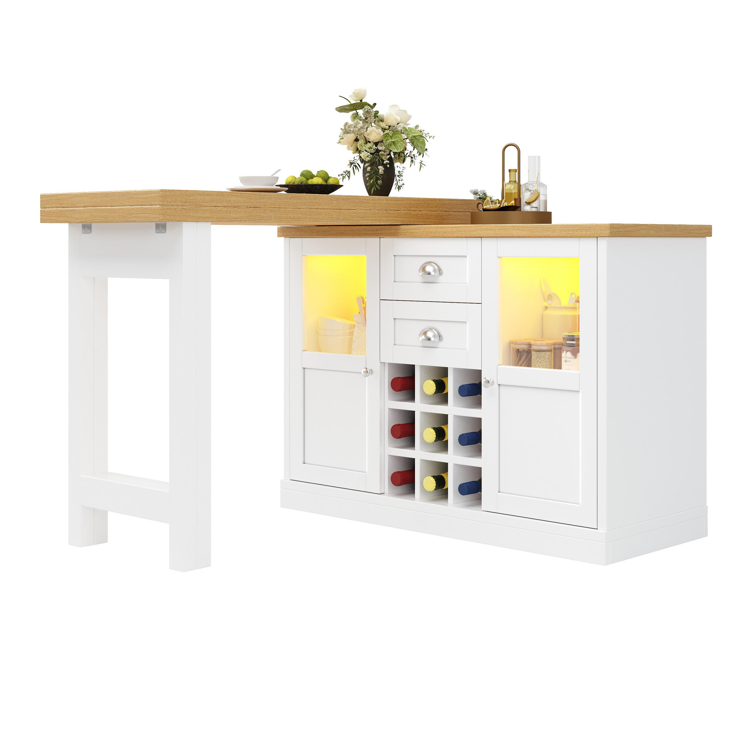 KÜCHENINSEL mit 360° Drehfunktion & LED, ausziehbar, Weinregal, Weiß - Weiß, Holzwerkstoff/Metall (197/74/80cm) - EVRYAE