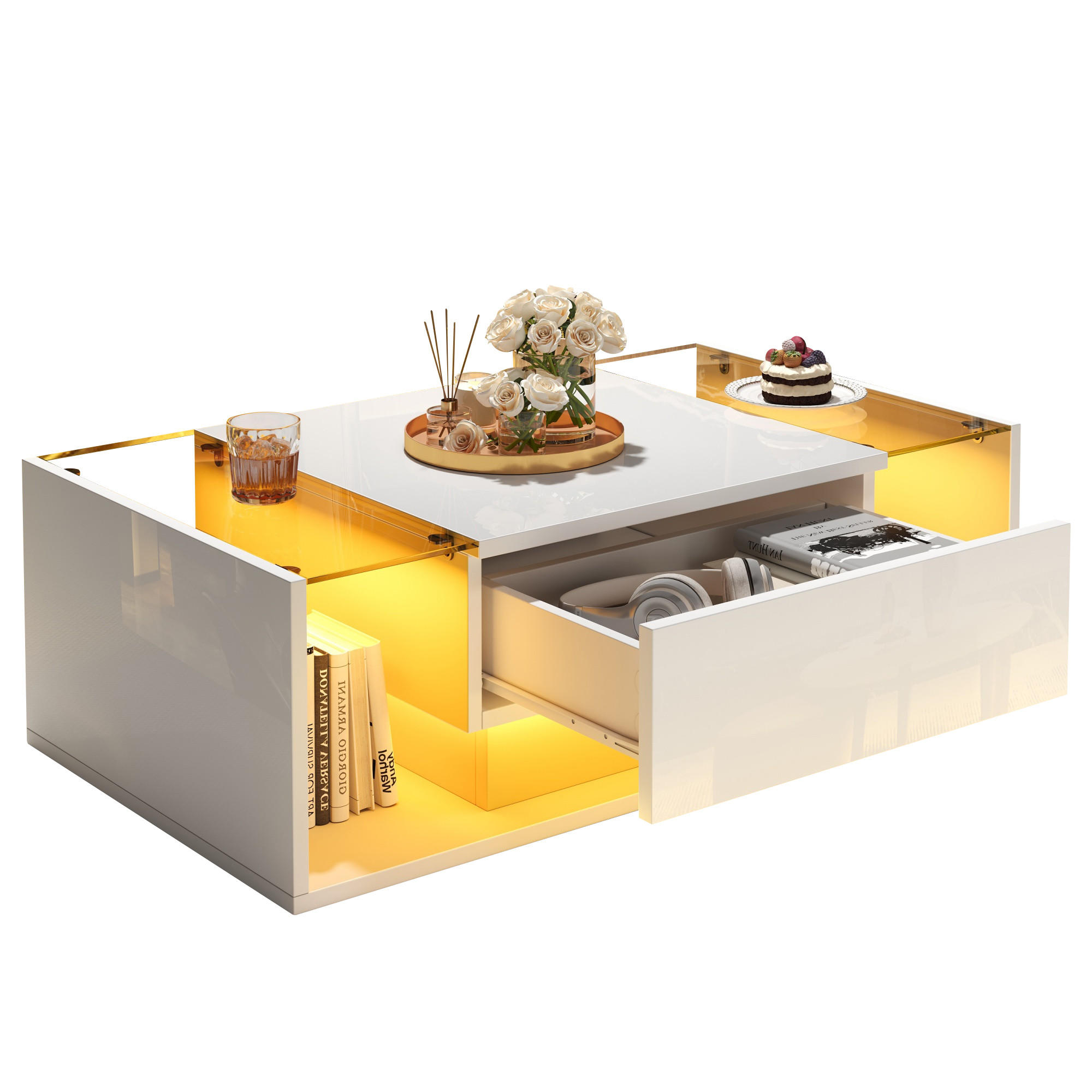 COUCHTISCH LED Weiß Hochglanz 1 Schublade Glas 100x50x31cm - Weiß, Holzwerkstoff (100/50/31cm) - FLIEKS