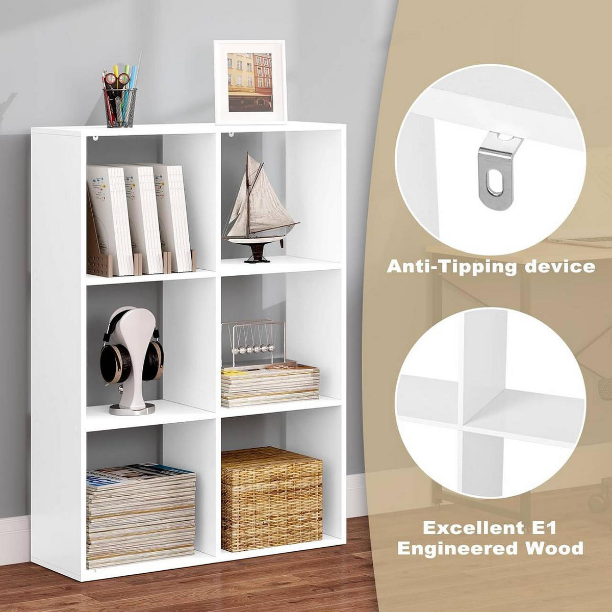 BÜCHERREGAL mit 3 Ebenen 6 Fächern, Holzwerkstoff, Weiß - Weiß, Holzwerkstoff (74/106/29cm) - Woltu