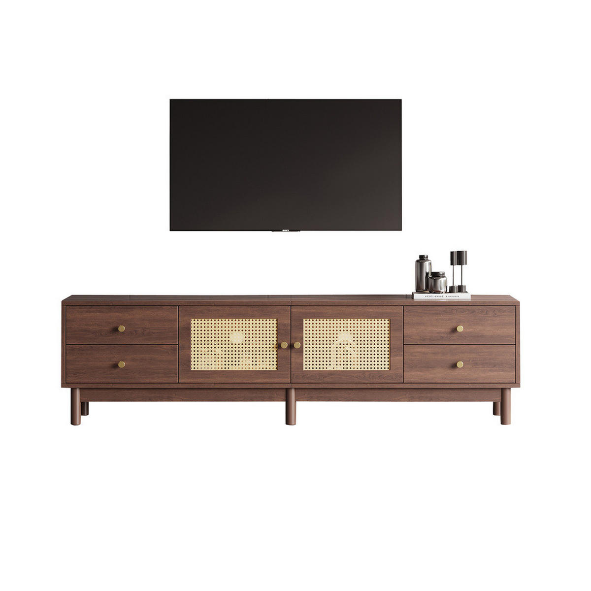 TV-SCHRANK 180cm dunkle Holzoptik Rattantüren 4 Schubladen bis 80 Zoll - Braun, Holz (44.45/15.24/104.14cm) - FLIEKS