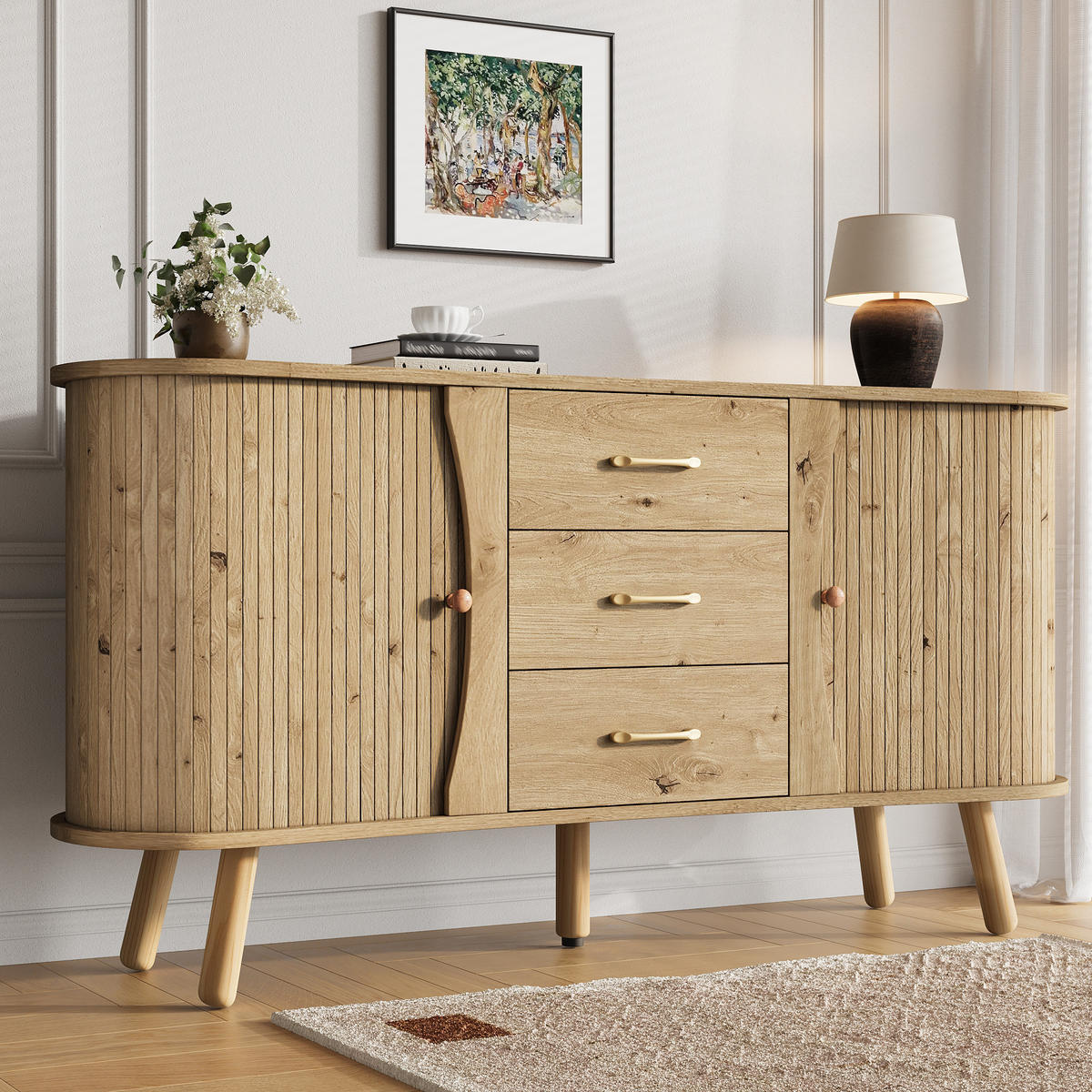 KOMODA, videz lesa, v obliki graha, z 2 drsnimi vrati in 3 predali - naravne barve, leseni material (150/75/36.5cm) - Urban Meuble