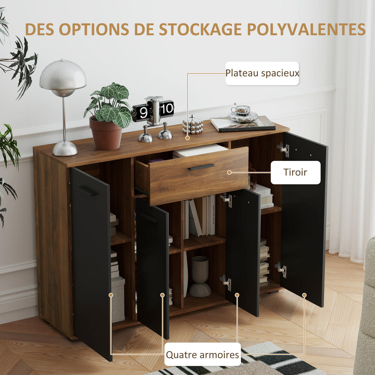 SIDEBOARD DE-11120 4 Türen Braun/Schwarz - Braun, Holzwerkstoff (120/85/35cm) - ComfortXL