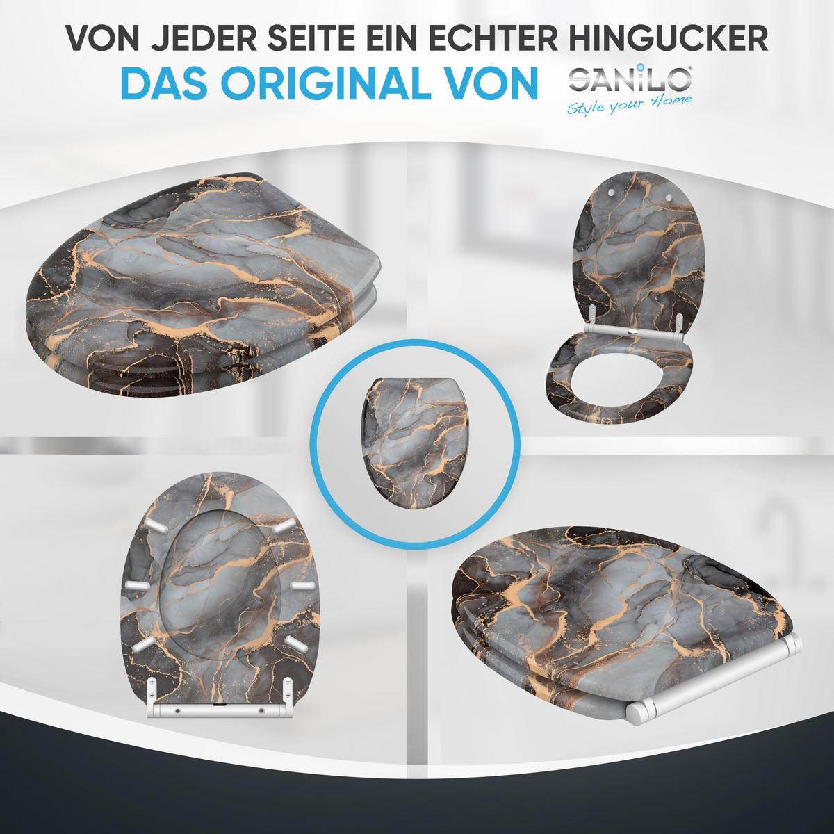 WC-SITZ mit Absenkautomatik & Top Fix Marmor Abstrakt - Grau, Holzwerkstoff (37.7/5.5/48cm) - Sanilo