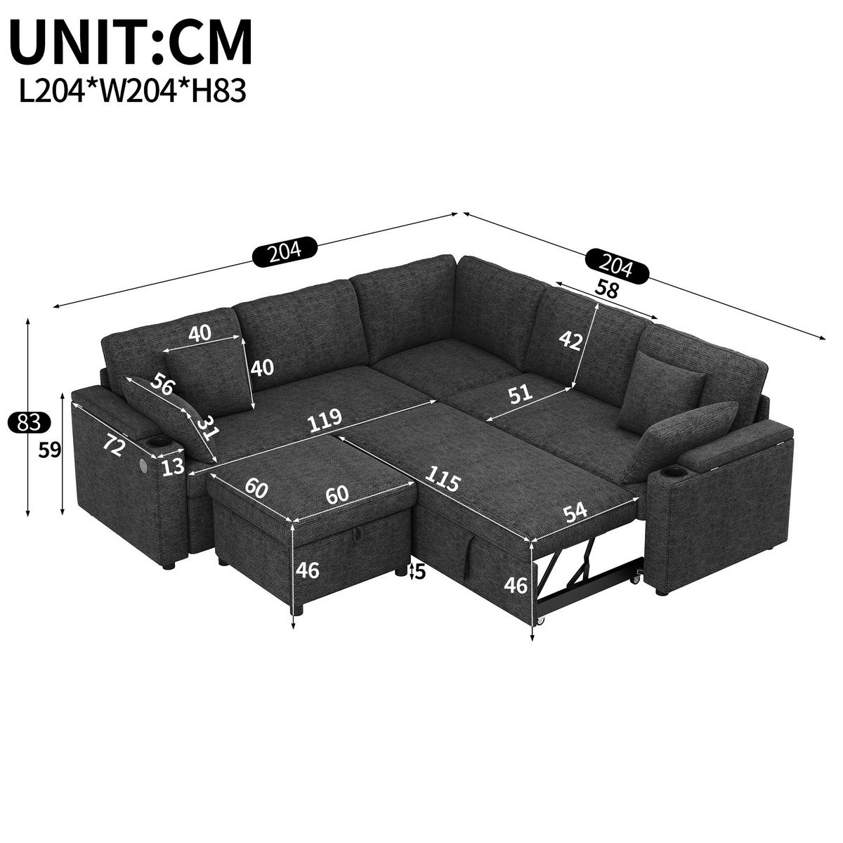 ECKSOFA mit Schlaffunktion Stauraum und USB Type-C - Grau, Textil (204/204cm) - EVRYAE