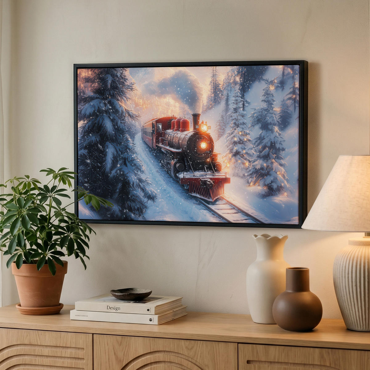 LEINWAND Bilder mit Rahmen - Weihnachtszug - Schnee - Winter - Weihnachten - 60x40 - Dunkelrot, Textil (60/40cm) - MuchoWow