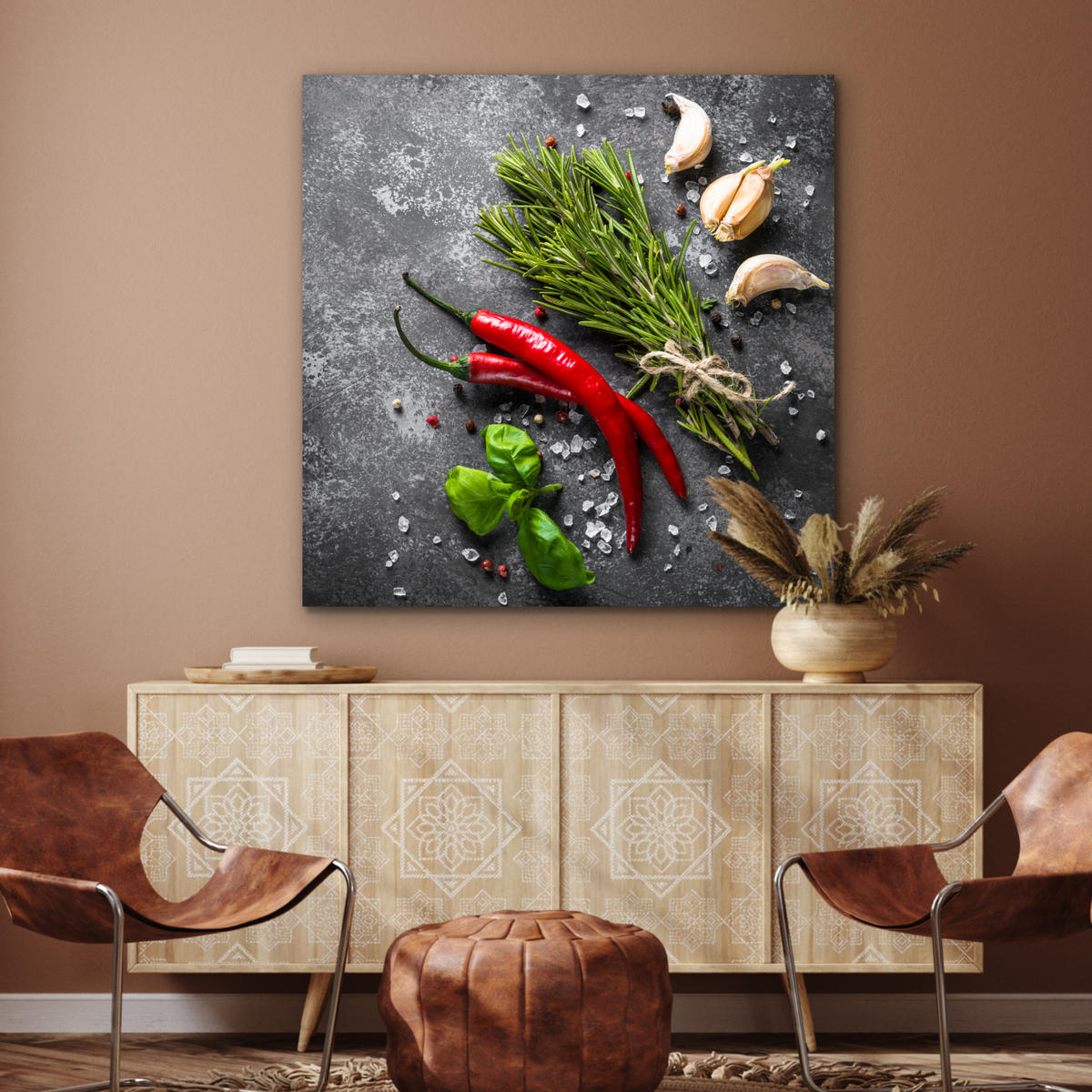 KOVOVÝ OBRAZ Korenie - bylinky - korenie - betón 90x90 cm - tmavosivá, kov (90/90cm) - MuchoWow