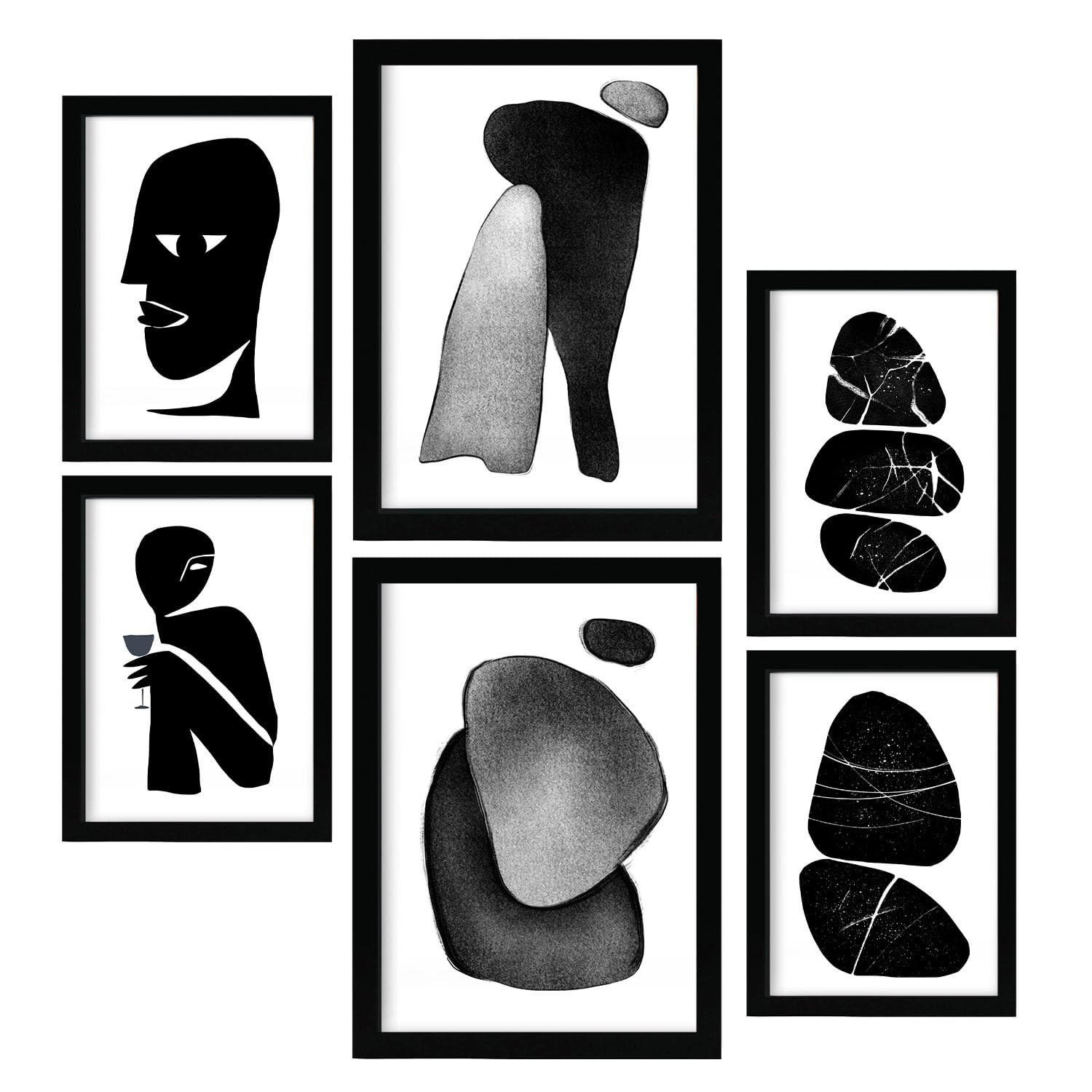 POSTER Set Mit 6 Datenlose Köpfe In Liebhaber Abstrakt Ästhetische Dekorative Gemälde Für Ihr Wohnzimmer Schlafzimmer Zuhause A3 & A4 Schwarzer Rahmen - Schwarz, Papier (29/3cm) - Nacnic