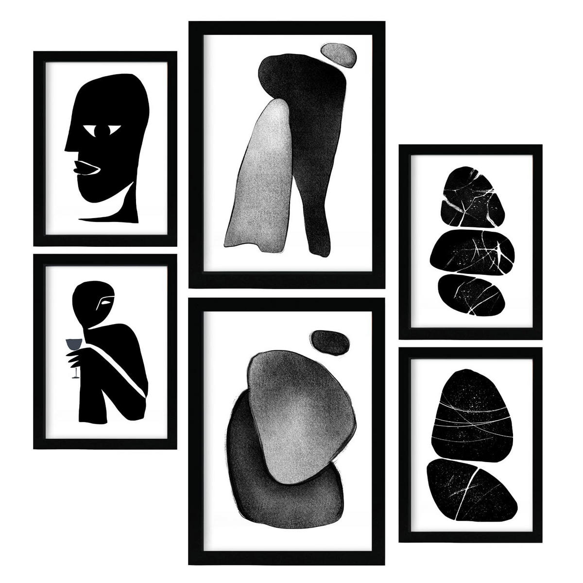 POSTER Set Mit 6 Datenlose Köpfe In Liebhaber Abstrakt Ästhetische Dekorative Gemälde Für Ihr Wohnzimmer Schlafzimmer Zuhause A3 & A4 Schwarzer Rahmen - Schwarz, Papier (29/3cm) - Nacnic