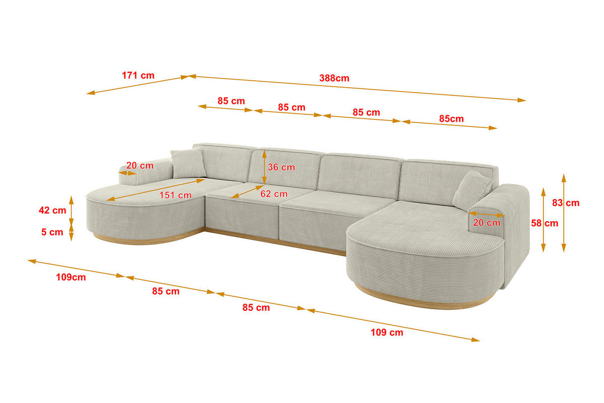 WOHNLANDSCHAFT MARI-U2-v2 - 388x171x83 cm Creme Cord - Hellgrau/Creme, Holzwerkstoff/Textil (388/83/171cm) - ALTDECOR