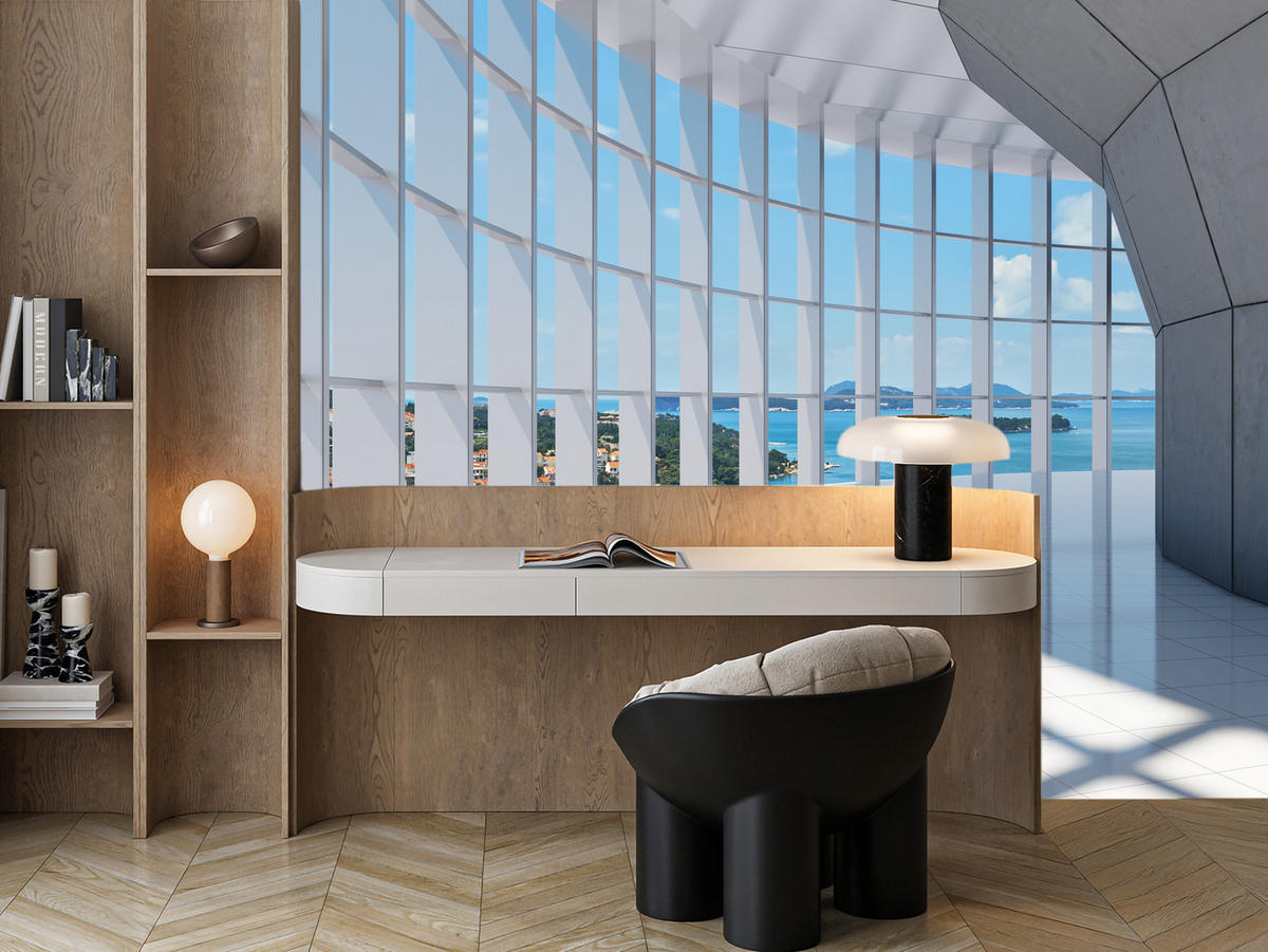 FOTOTAPETE für Wohnzimmer Räumlicher Tunnel mit Meerblick 500x350 - Blau/Beige, Papier (500/350cm) - Muralo