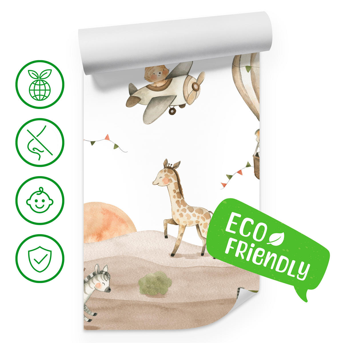 FOTOTAPETE für Kinderzimmer Tiere Ballons Flugzeuge Safari Bäume Hügel 500x350 - Beige/Braun, Papier (500/350cm) - Muralo