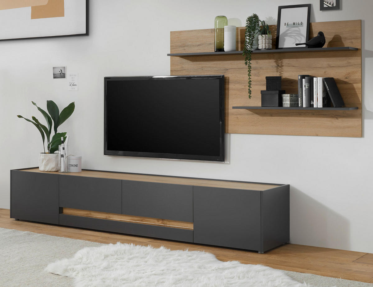 WOHNWAND 2-teilig grau matt, Eiche Wotan 300 cm, Wohnkombination mit XXL Lowboard - Eiche Wotan/Grau, Holz/Holzwerkstoff (300/180/45cm) - Furn.Design