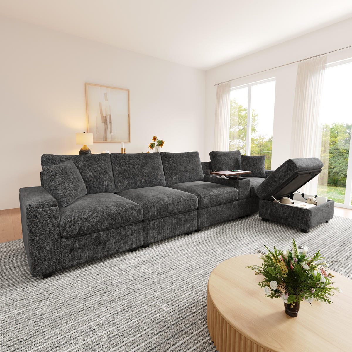 ECKSOFA 313/147/82 cm Grau mit Stauraum, USB-/Typ-C, Getränkehaltern und 360° drehbarem Couchtisch - Grau, Textil (313/147cm) - Oxeza