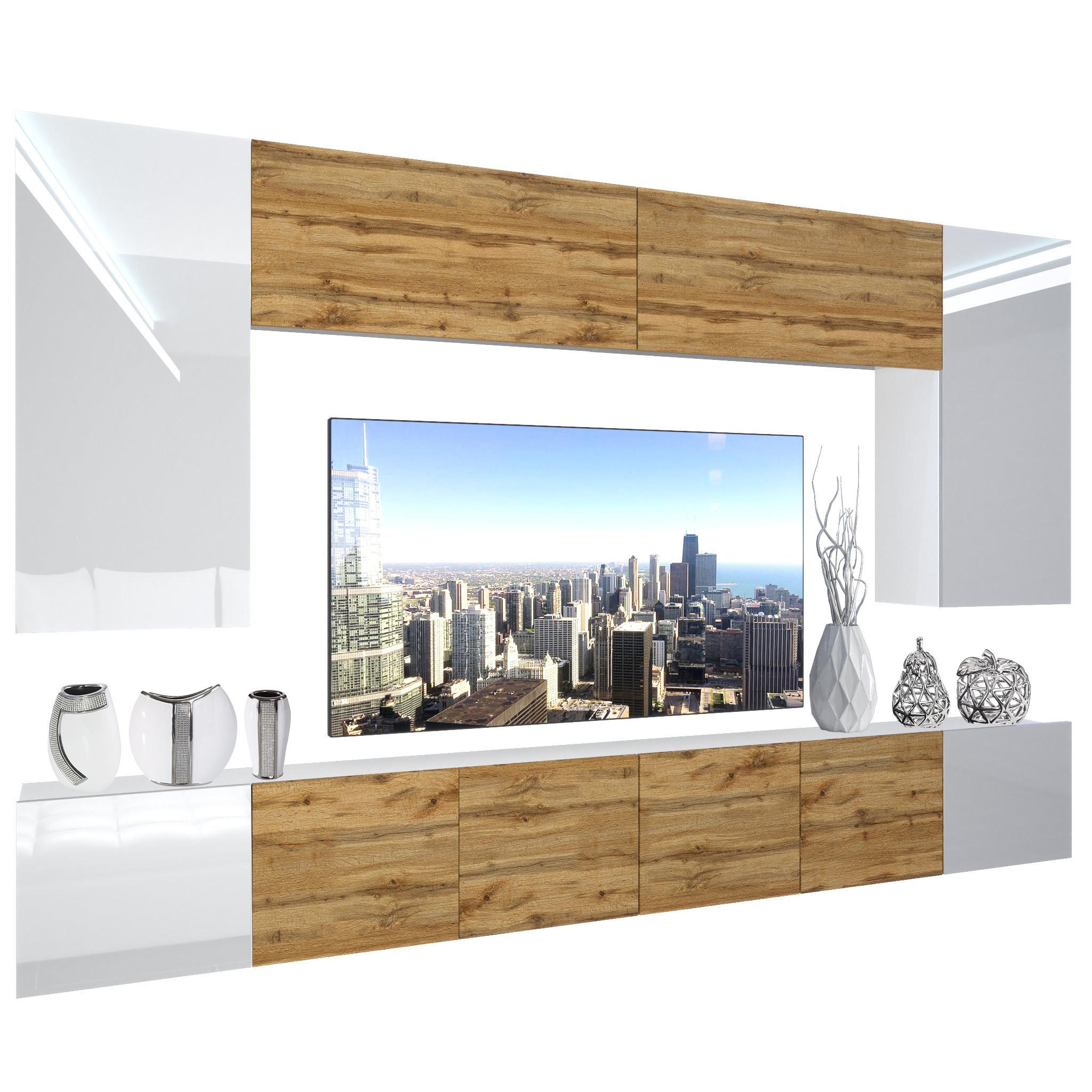 WOHNZIMMERWAND mit LED-Beleuchtung TV-Schrank Weiß/Eiche Wotan - Eiche Wotan/Weiß, Holz (300/180/36cm) - B BELINI GROUP