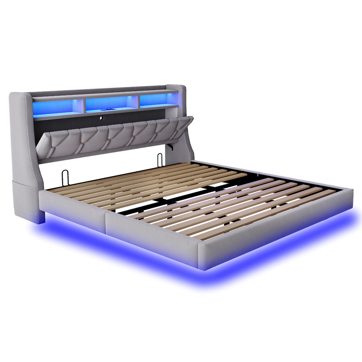 POLSTERBETT 180/200 cm mit LED, USB-/Typ-C-Anschluss, Stauraum-Kopfteil und Samtbezug, Hellgrau - Grau, Textil (180/200cm) - Redom