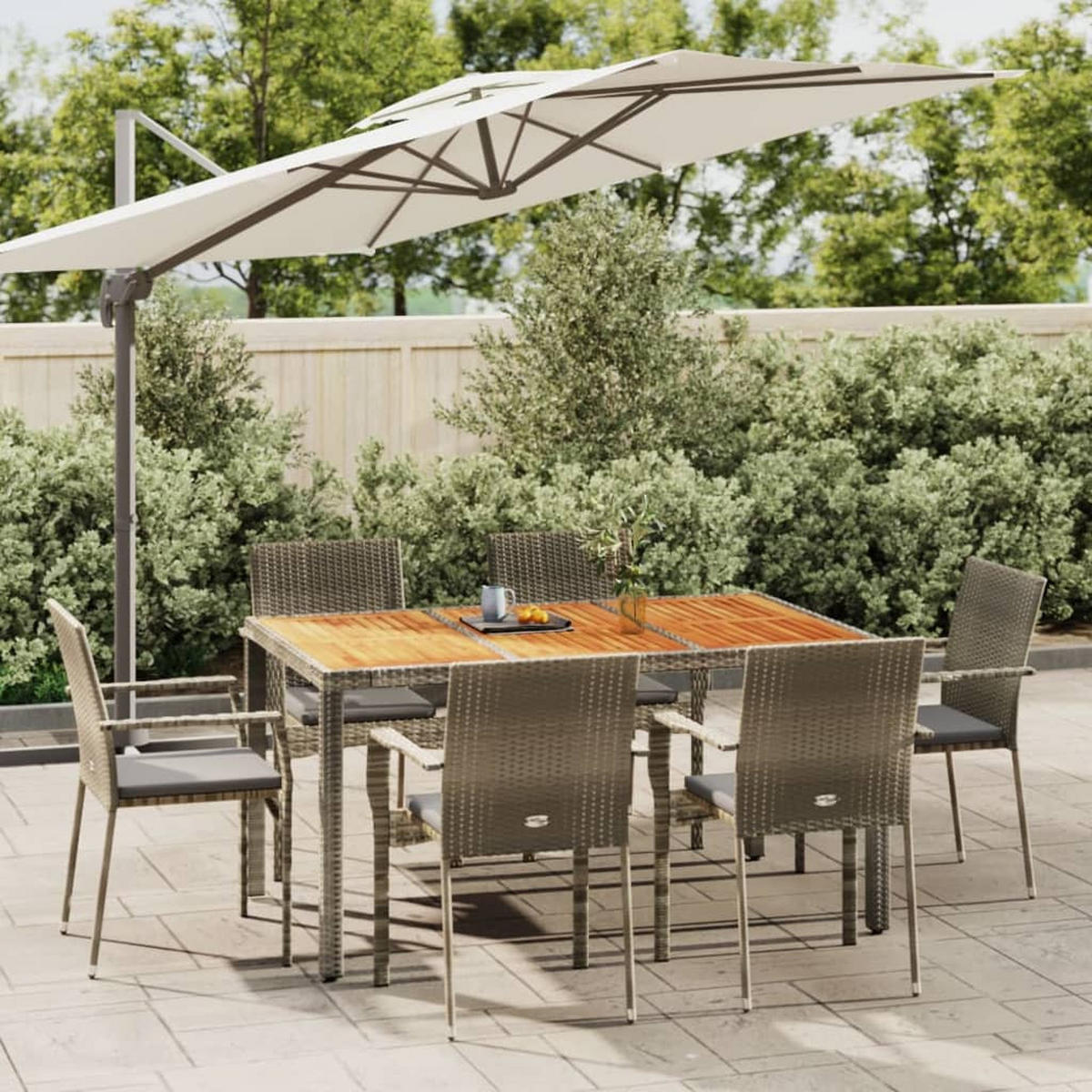 GARTEN-ESSGRUPPE 7-teilig Mit Kissen Grau Poly Rattan - Grau, Kunststoff - vidaXL