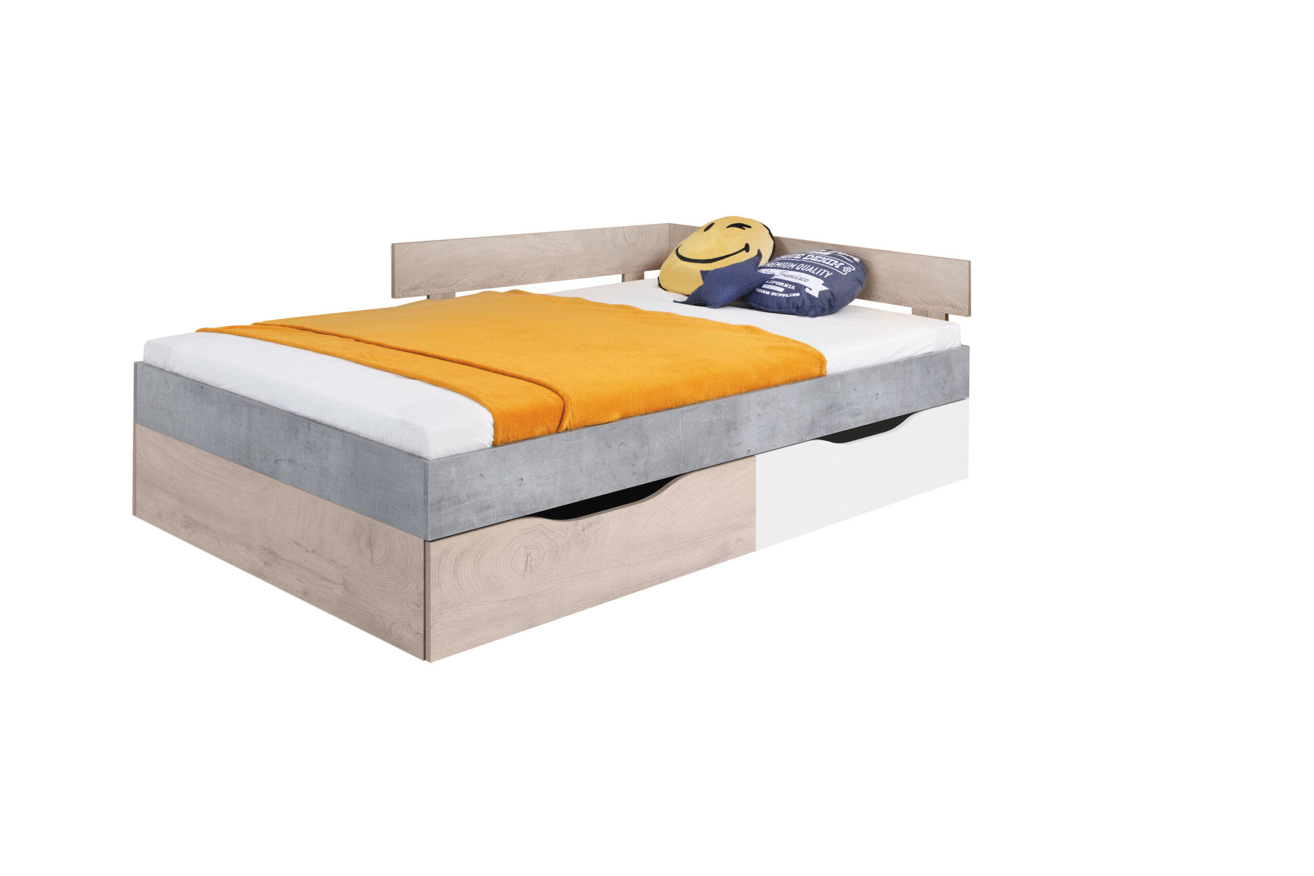 JUGENDBETT Sally in Beton, Weiß und Eiche – Liegefläche 120 x 200 cm - Grau, Holzwerkstoff (120/200cm)