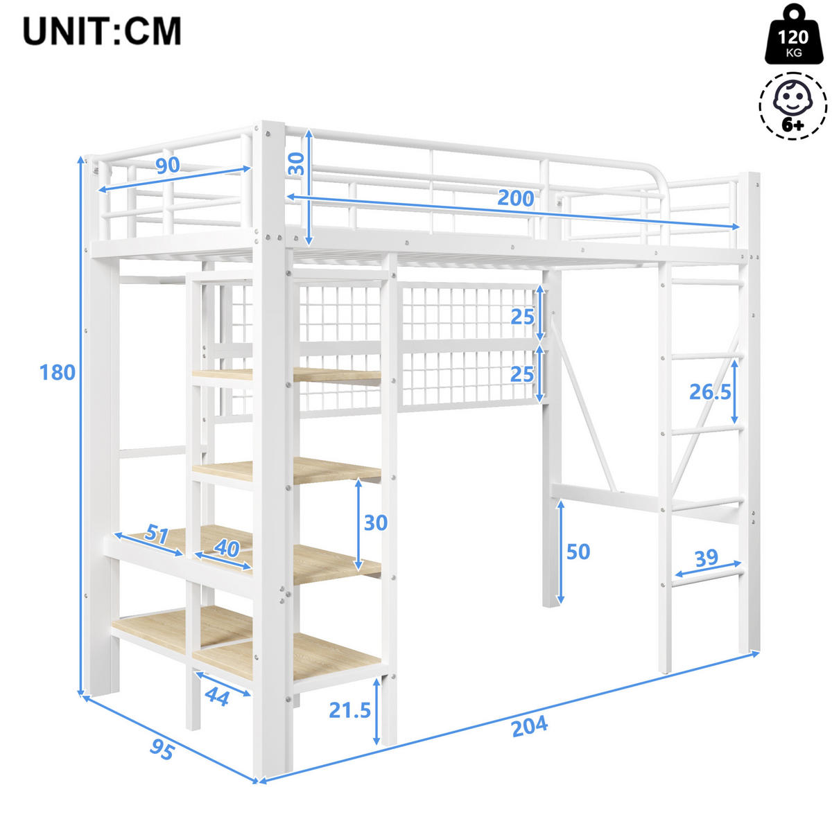 HOCHBETT 90x200 cm mit Ablagefach und LED-Leiste Metall Weiß - Weiß, Metall (90/200cm) - Beauniv