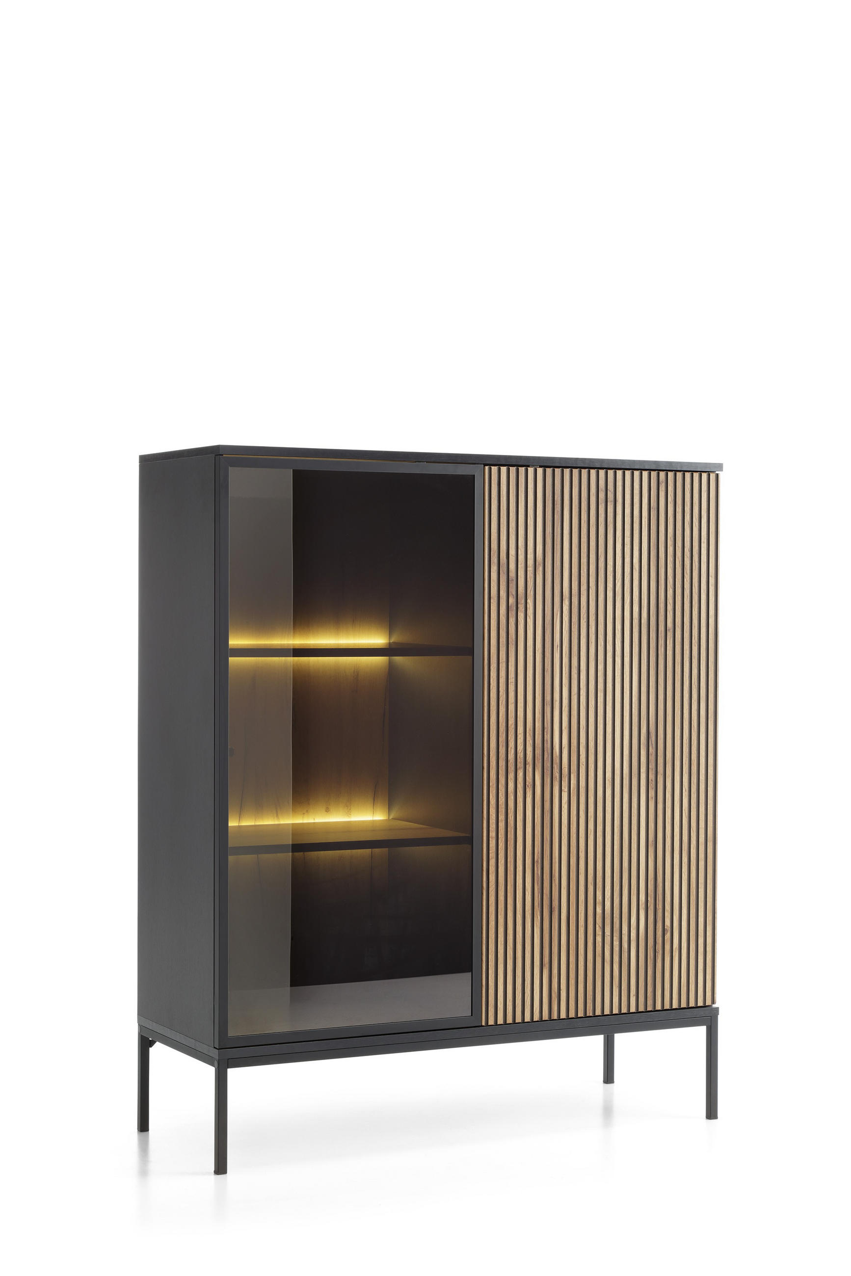 VITRINE Sentino Schwarz, Zweitürige Glasvitrine mit LED - Eiche Wotan/Schwarz, Holzwerkstoff/Metall (104/126/39cm) - Bettso
