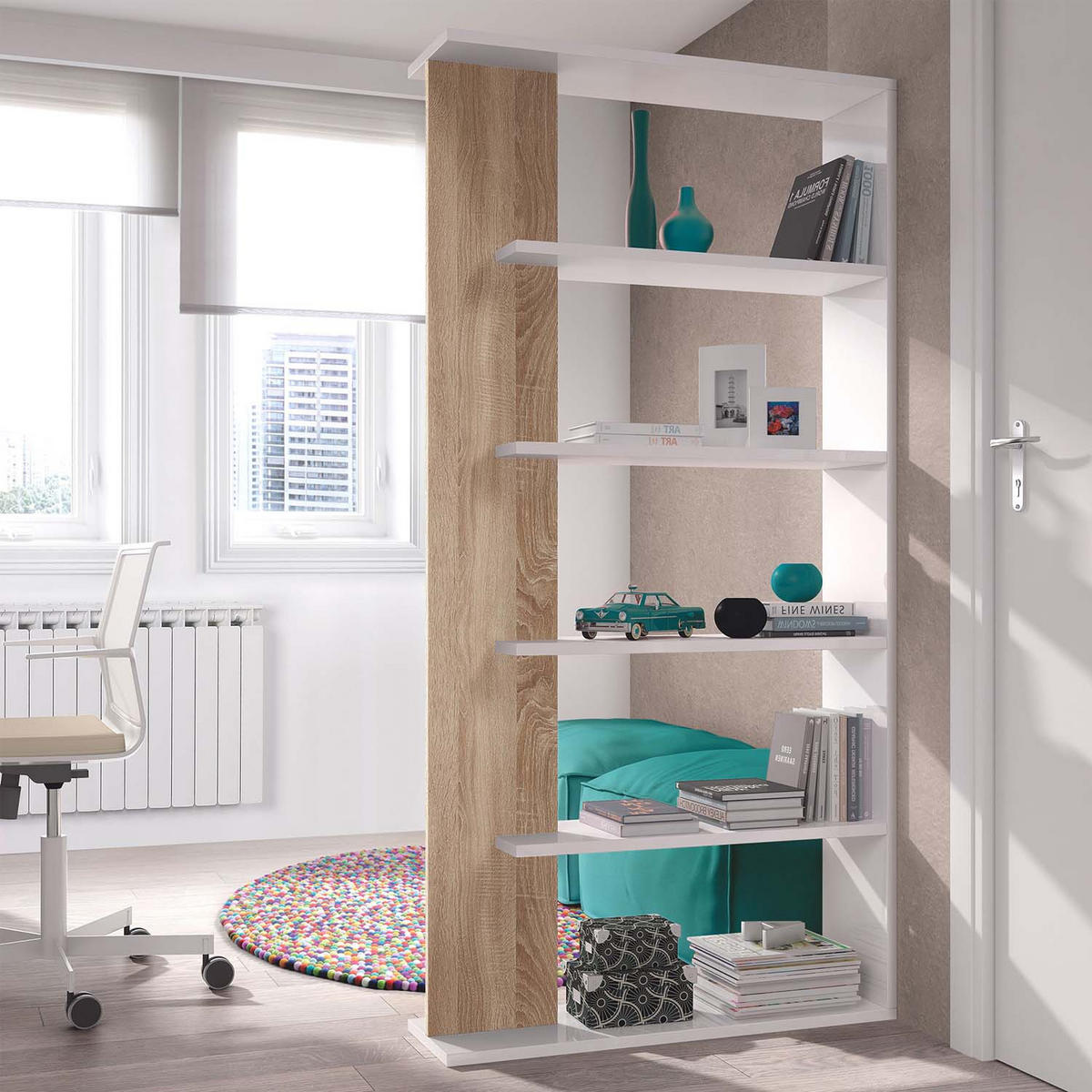 REGAL Lugo Weiß/Eiche 5 Fächer - Weiß, Holzwerkstoff (90/180/25cm) - VS Venta-stock
