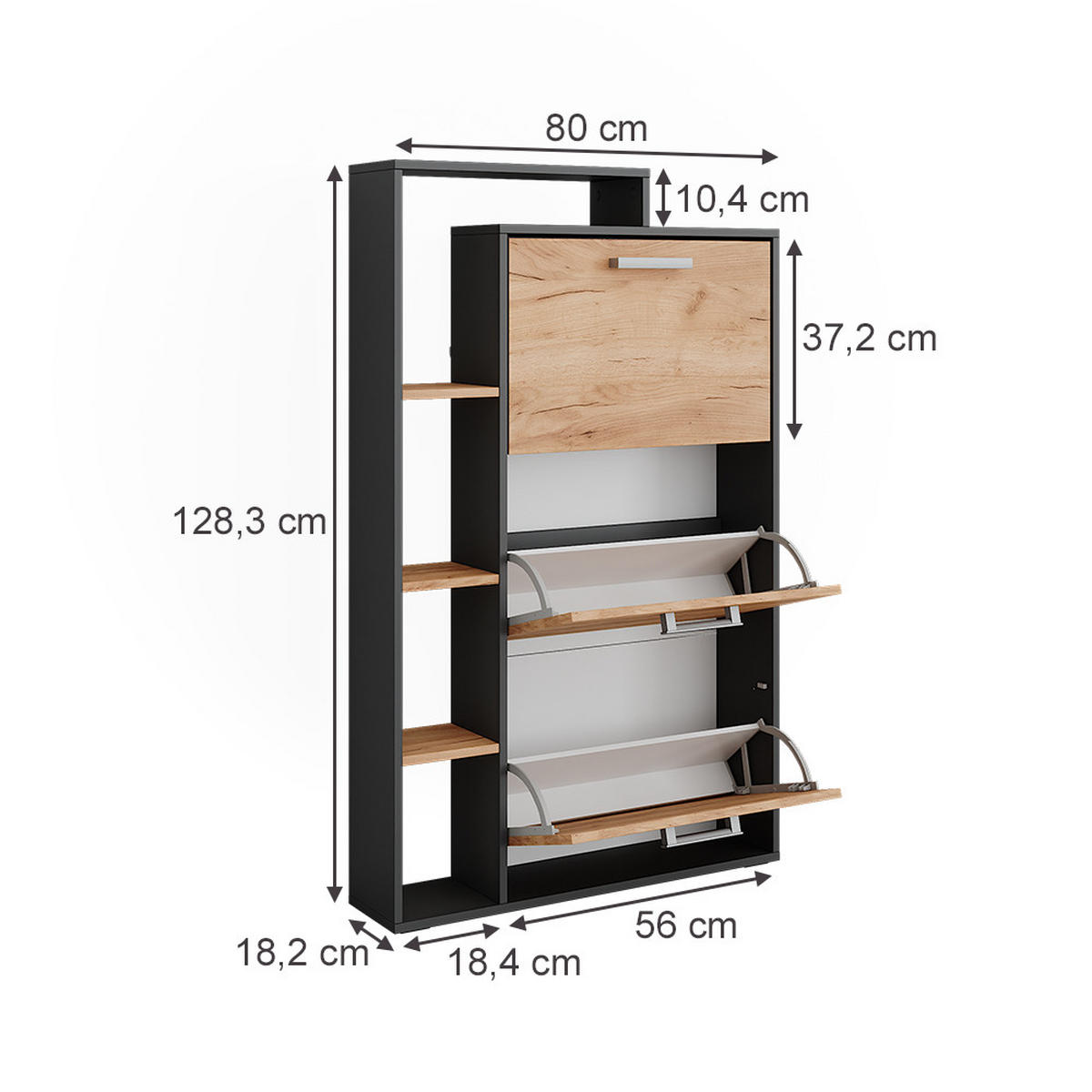 SCHUHKIPPER Orlando Goldkraft Eiche/Anthrazit 80 x 128.3 cm mit 3 Klappfächern - Honigeiche, Holzwerkstoff (80/128.3/18.2cm) - Vicco