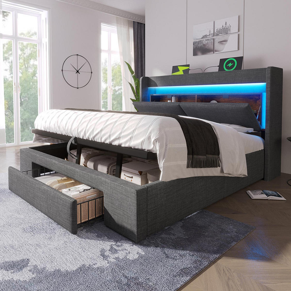 POLSTERBETT 140x200cm in Grau Leinen,ohne Matratze - Grau, Textil (140/200cm)