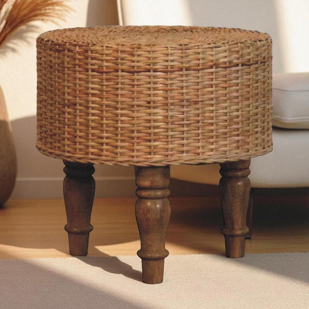 HOCKER Regency Rund Geflochten, Braun - Hellbraun, Holz (40/40/40cm) - Artisan Furniture