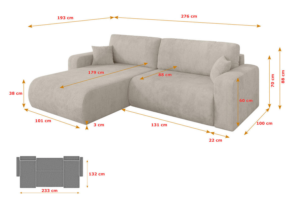 ROHOVÁ SEDAČKA s funkcí spaní, otoman vlevo BERY-L 276x193x88 krémová manšestr - černá/krémová, kompozitní dřevo/textil (276/193cm) - ALTDECOR