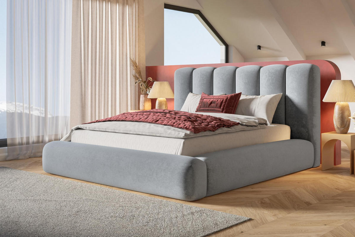 BETT 180x200 - Polsterbett mit Bettkasten und Holzrahmen - Modern Bett - Eleganter Jasmine-Stoff - Kollektion Alva Maxi - Hellgrau - Hellgrau, Holz/Textil (180/200cm) - Alpi-Möbel