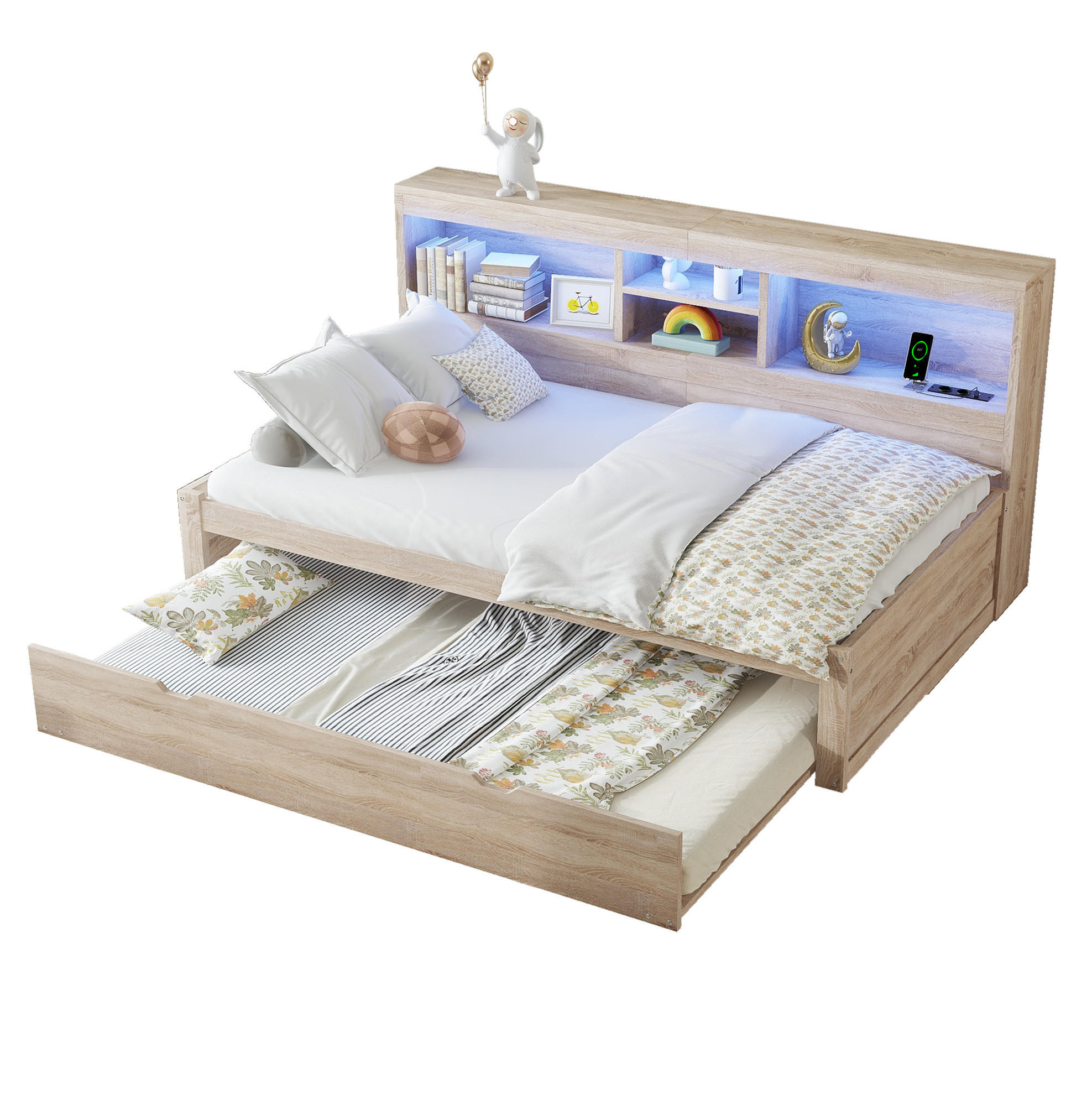 TAGESBETT 90/200 cm aus Holzwerkstoff mit LED-Beleuchtung, Ausziehbett, USB-Anschluss und Stauraum, Natur - Naturfarben, Holzwerkstoff (90/200cm) - Redom
