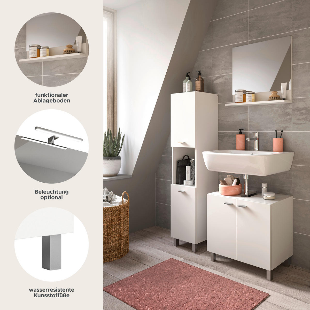 BADMÖBEL Set Boston 3tlg. auch hängend montierbar (B/H/T: 102x186x33 cm) - Weiß, Holzwerkstoff (102/186/33cm)