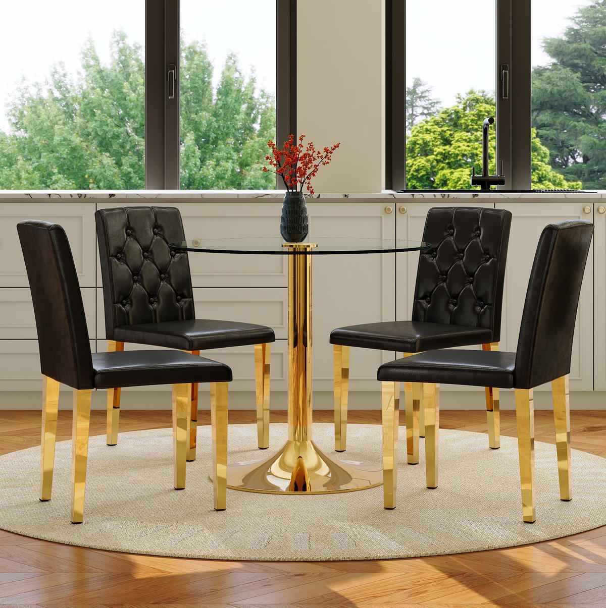 ESSGRUPPE aus Glastisch und 4 Stühlen 85 cm Schwarz/Gold - Multicolor, Metall (85/76/85cm) - Meubliv